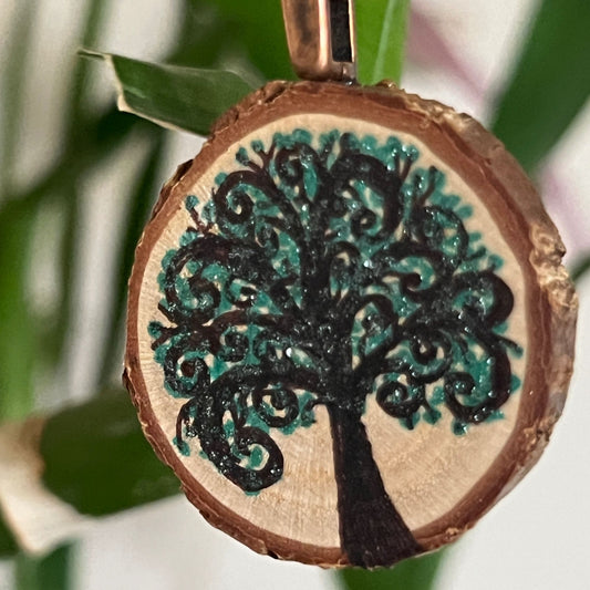 Enchanted Tree Pendant Green Sparkly Swirls