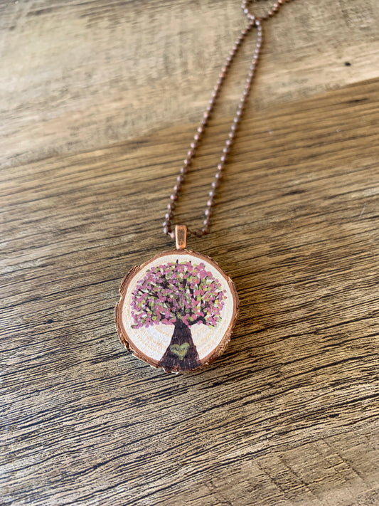 Enchanted Tree Pendant Pink and Gold with Heart