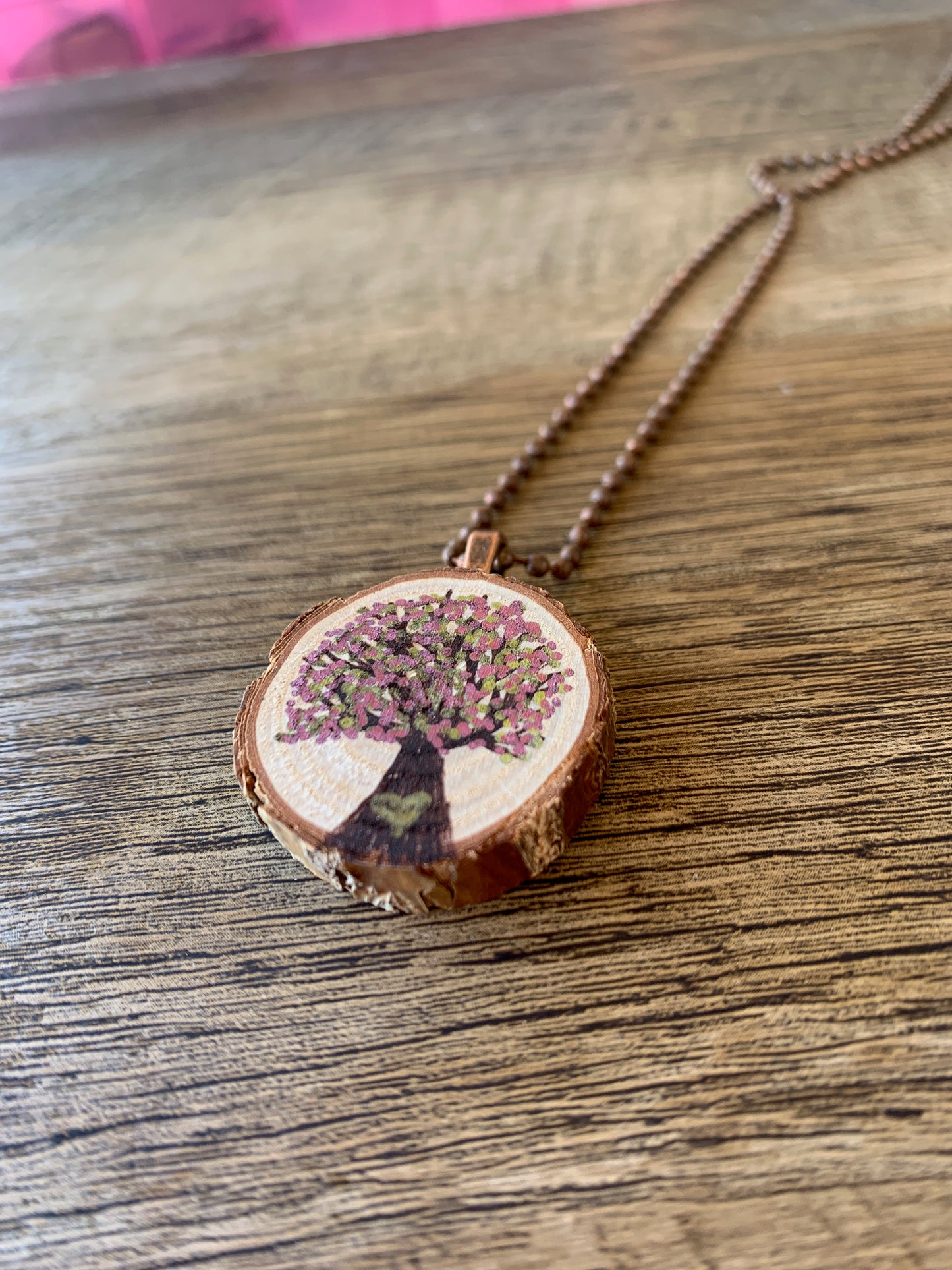 Enchanted Tree Pendant Pink and Gold with Heart